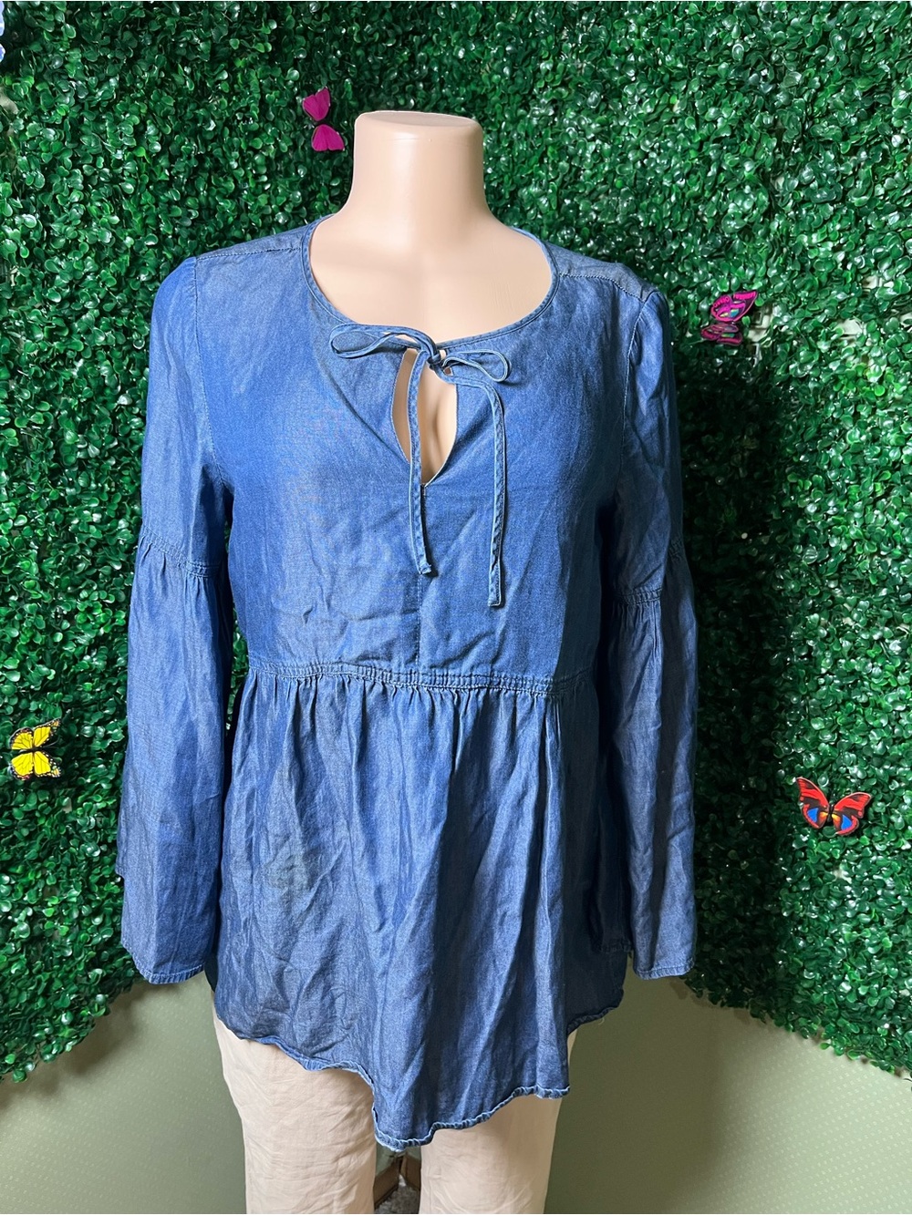 Jones New York Blue Tie-Neck Peasant Blouse